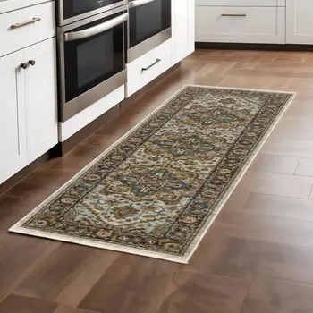2' X 8' Ivory Beige Blue Orange Gold Green Grey And Rust Oriental Power Loom Stain Resistant Runner Rug With Fringe