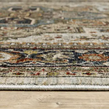 2' X 8' Ivory Beige Blue Orange Gold Green Grey And Rust Oriental Power Loom Stain Resistant Runner Rug With Fringe