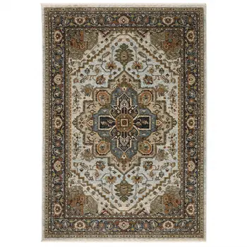 2' X 3' Ivory Beige Blue Orange Gold Green Grey And Rust Oriental Power Loom Stain Resistant Area Rug With Fringe