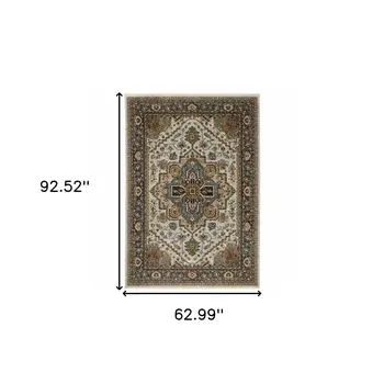 5' X 8' Ivory And Blue Oriental Area Rug With Fringe