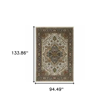 8' X 11' Ivory And Blue Oriental Area Rug With Fringe