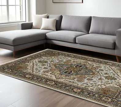 8' X 11' Ivory And Blue Oriental Area Rug With Fringe