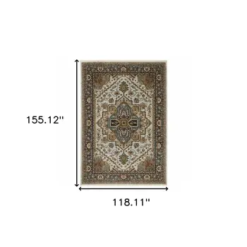 10' X 13' Ivory Beige Blue Orange Gold Green Grey And Rust Oriental Power Loom Stain Resistant Area Rug With Fringe