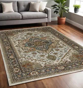 10' X 13' Ivory Beige Blue Orange Gold Green Grey And Rust Oriental Power Loom Stain Resistant Area Rug With Fringe