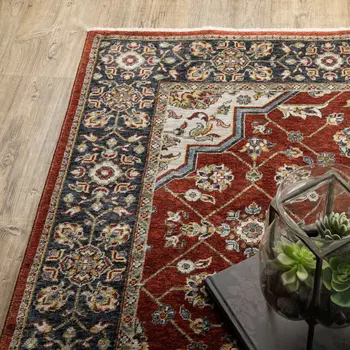 2' X 8' Red Ivory Blue Navy Gold And Grey Oriental Power Loom Stain Resistant Runner Rug With Fringe
