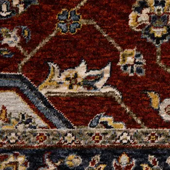 2' X 8' Red Ivory Blue Navy Gold And Grey Oriental Power Loom Stain Resistant Runner Rug With Fringe