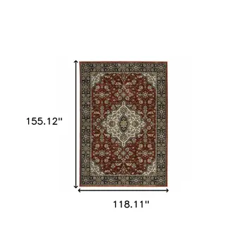 10' X 13' Red Ivory Blue Navy Gold And Grey Oriental Power Loom Stain Resistant Area Rug With Fringe