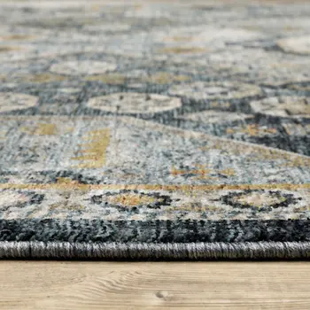 2' X 8' Blue Gold Ivory And Navy Oriental Power Loom Stain Resistant Runner Rug With Fringe