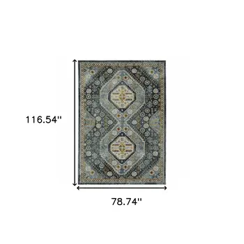 7' X 10' Blue And Gold Oriental Area Rug With Fringe
