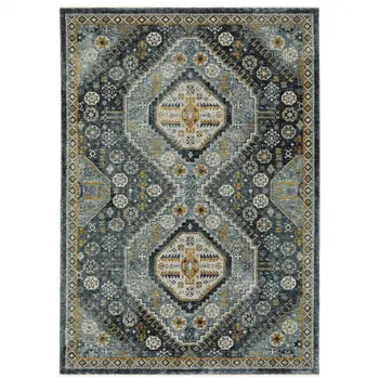 8' X 11' Blue And Gold Oriental Area Rug With Fringe