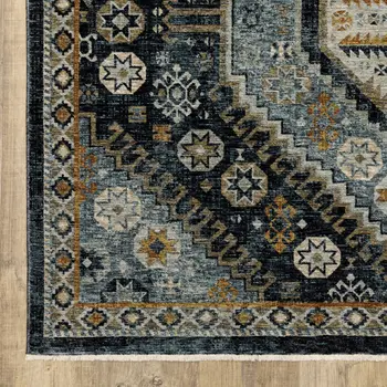8' X 11' Blue And Gold Oriental Area Rug With Fringe