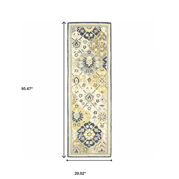 8' Blue And Gold Wool Geometric Hand Tufted Distressed Runner Rug