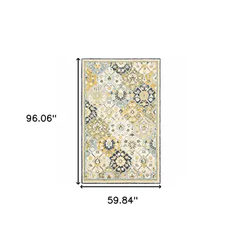 5' X 8' Blue Green Gold Navy And Ivory Geometric Tufted Handmade Stain Resistant Area Rug