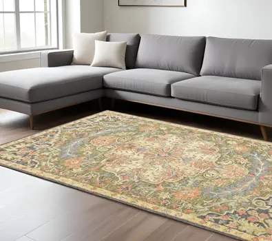 10' X 13' Blue And Green Wool Oriental Hand Tufted Distressed Area Rug