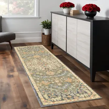 8' Blue and Orange Oriental Hand Tufted Runner Rug