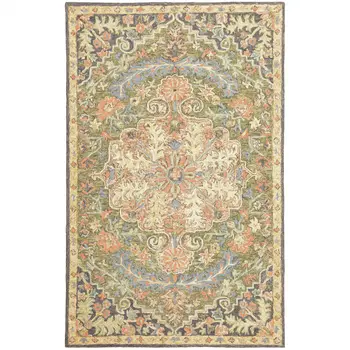 4' X 6' Blue Green Clay And Gold Oriental Tufted Handmade Stain Resistant Area Rug