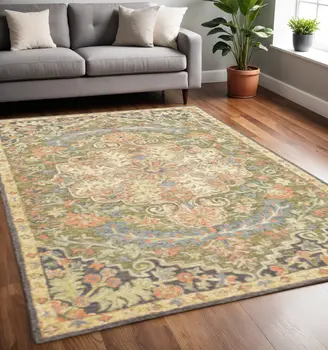 5' X 8' Blue Green Clay And Gold Oriental Tufted Handmade Stain Resistant Area Rug