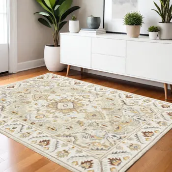 4' X 6' Ivory Beige Gold And Muted Grey Oriental Tufted Handmade Stain Resistant Area Rug