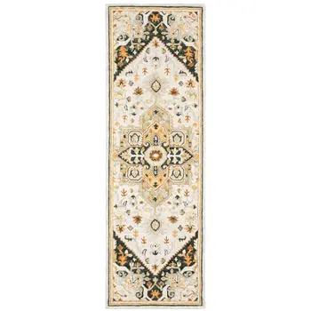 8' Ivory and Black Oriental Handmade Runner Rug