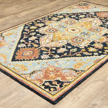 4' X 6' Navy Rust Blue Ivory And Gold Oriental Tufted Handmade Stain Resistant Area Rug