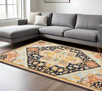 8' X 10' Navy Rust Blue Ivory And Gold Oriental Tufted Handmade Stain Resistant Area Rug