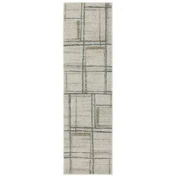 8' Beige And Blue Geometric Distressed Runner Rug
