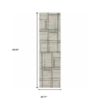 8' Beige And Blue Geometric Distressed Runner Rug