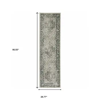 8' Beige And Blue Oriental Distressed Runner Rug