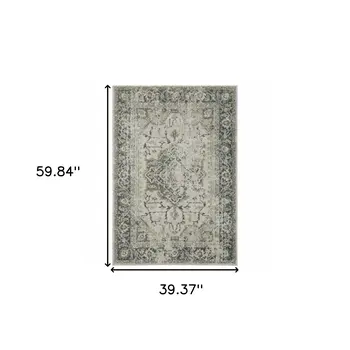3' X 5' Beige And Blue Oriental Distressed Area Rug