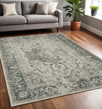 5' X 8' Beige And Blue Oriental Distressed Area Rug