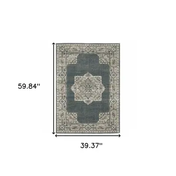3' X 5' Blue and Beige Oriental Power Loom Area Rug