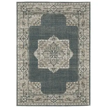 10' X 13' Blue and Beige Oriental Power Loom Area Rug