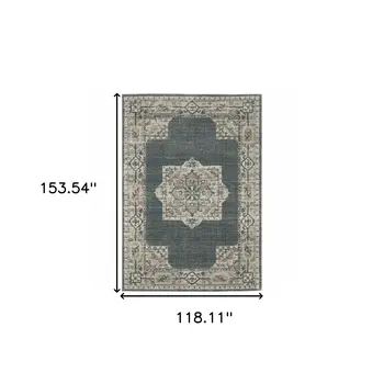 10' X 13' Blue and Beige Oriental Power Loom Area Rug