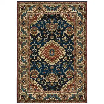 10' X 13' Blue Red And Beige Oriental Power Loom Stain Resistant Area Rug