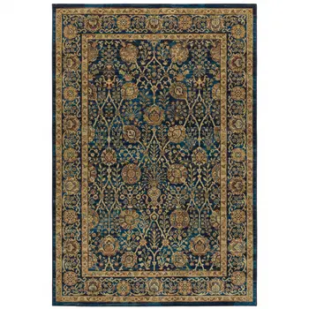 10' X 13' Blue And Gold Oriental Power Loom Stain Resistant Area Rug