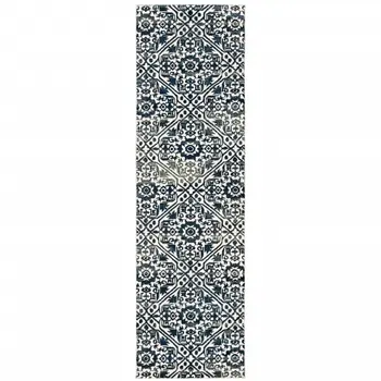 2' X 8' Navy And Ivory Geometric Power Loom Stain Resistant Runner Rug