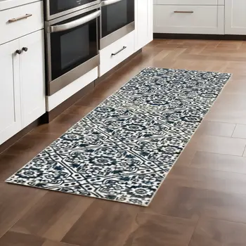 2' X 8' Navy And Ivory Geometric Power Loom Stain Resistant Runner Rug