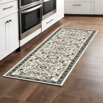 2' X 8' Ivory Navy And Gold Oriental Power Loom Stain Resistant Runner Rug