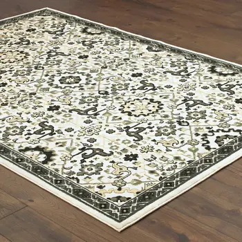 7' X 10' Ivory And Navy Blue Oriental Area Rug