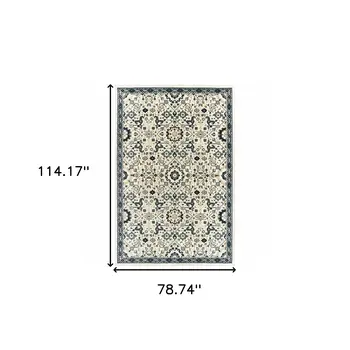 7' X 10' Ivory And Navy Blue Oriental Area Rug