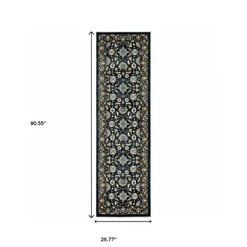 2' X 8' Navy Caramel And Ivory Oriental Power Loom Stain Resistant Runner Rug