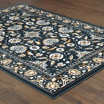 10' X 13' Navy Blue And Gold Oriental Area Rug