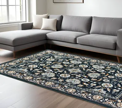 10' X 13' Navy Blue And Gold Oriental Area Rug