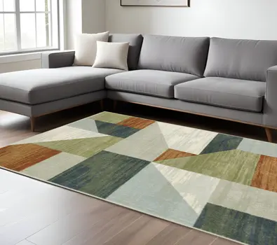 8' X 10' Grey Teal Blue Rust Green And Ivory Geometric Power Loom Stain Resistant Area Rug