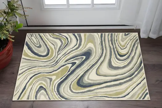 3' X 5' Ivory Blue And Beige Abstract Power Loom Stain Resistant Area Rug