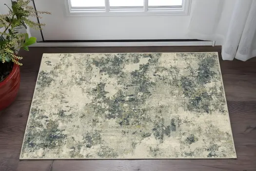 3' X 5' Beige Teal Grey And Gold Abstract Power Loom Stain Resistant Area Rug