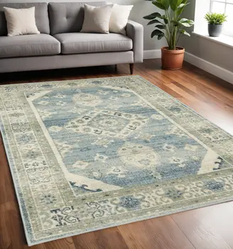 5' X 7' Blue And Beige Oriental Distressed Area Rug