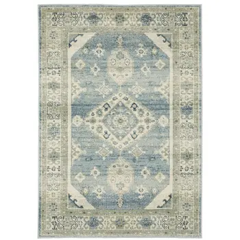 7' X 9' Blue And Beige Oriental Area Rug