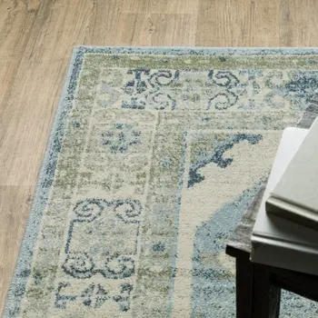 7' X 9' Blue And Beige Oriental Area Rug