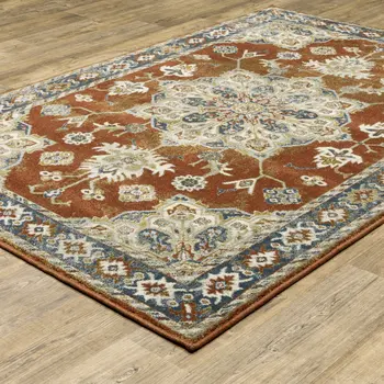 8' X 10' Rust Beige Teal Blue And Gold Oriental Power Loom Stain Resistant Area Rug